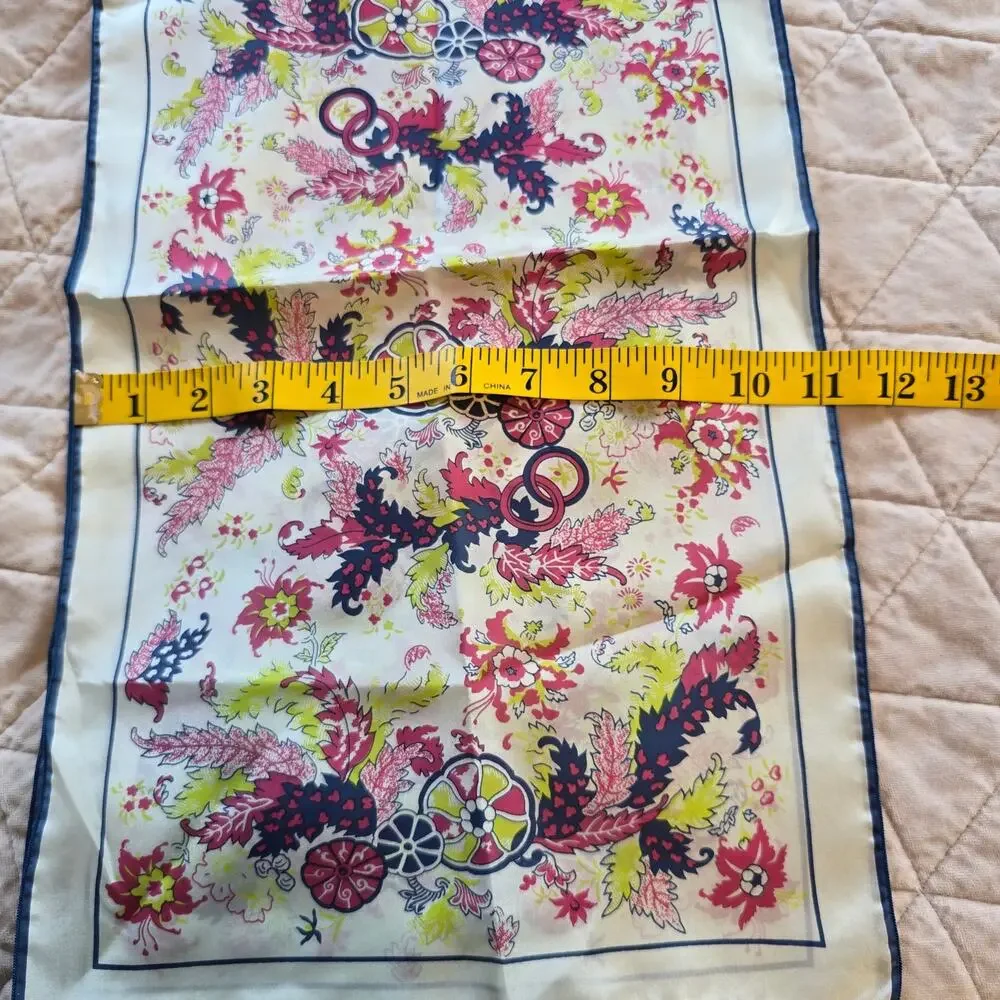 Vintage 80s June Critchfield Silk Rectangle Scarf Floral Navy Pink DAR Museum